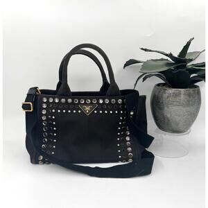 Prada Canapa Studded Black Canvas Tote Bag with Strap crystals